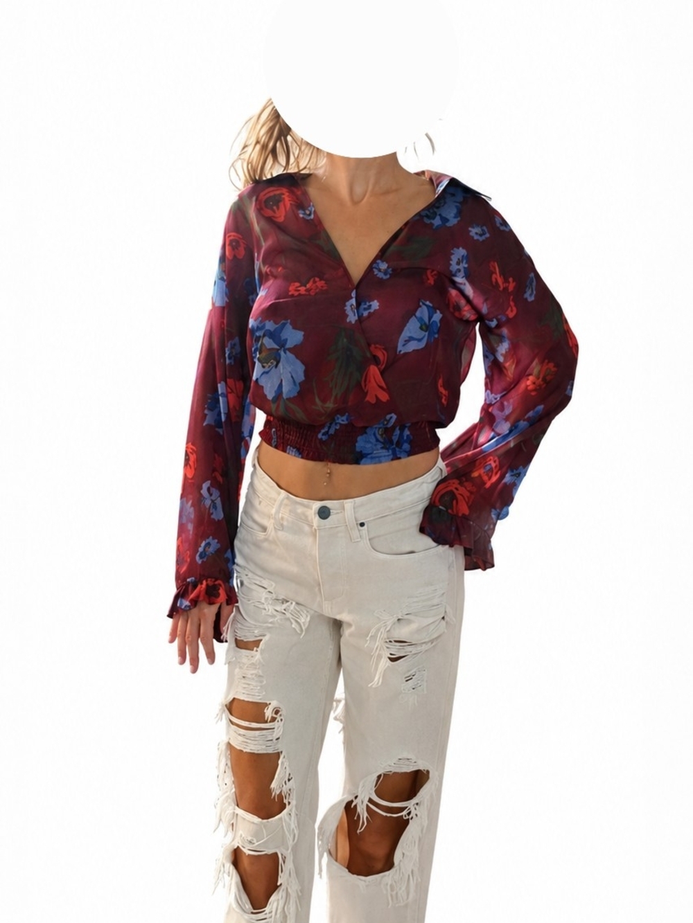VENUS Burgundy Floral V-Neck Smocked Crop Top